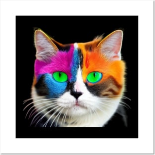 Cat With Vibrant Colors of Blue, Red, Yellow and Green Posters and Art